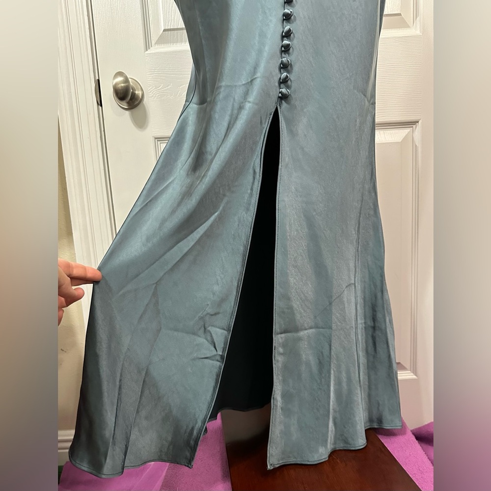 Dress Forum Gray Blue Satin Maxi Dress Silk spaghetti straps zip up faux button - Picture 5 of 16